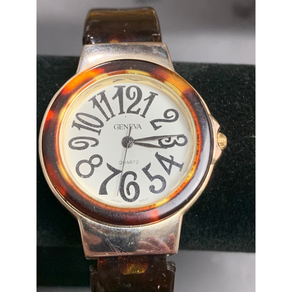 Geneva Womens Tortoise Shell Cuff Bangle Watch Quartz Large Numbers Gold Silver